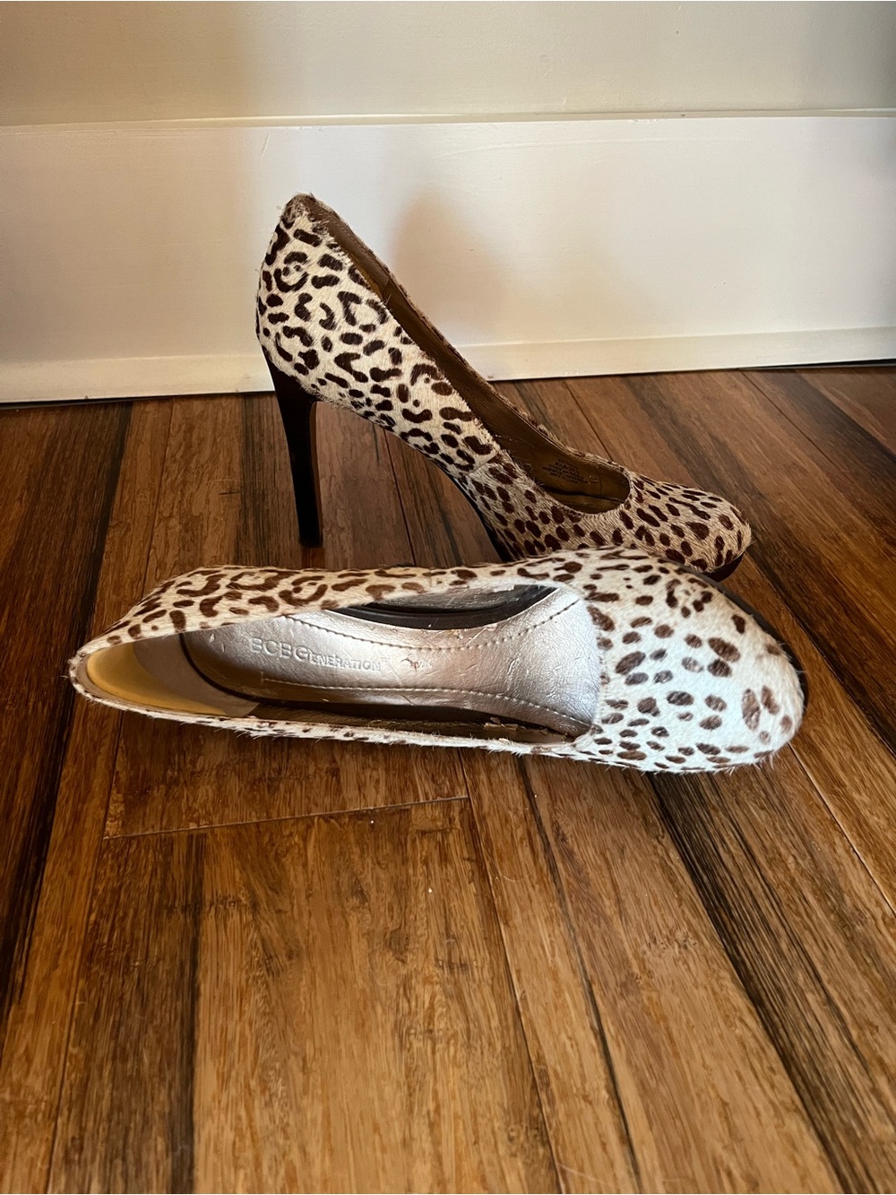 BCBG Platform Calf Hair Leopard Print Heels